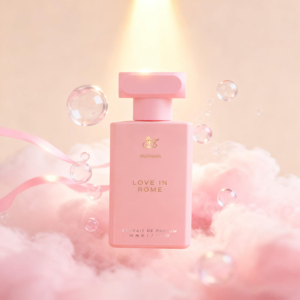 OUSHANG Love in Rome bottle sits on a dressing table suggesting luxury.
