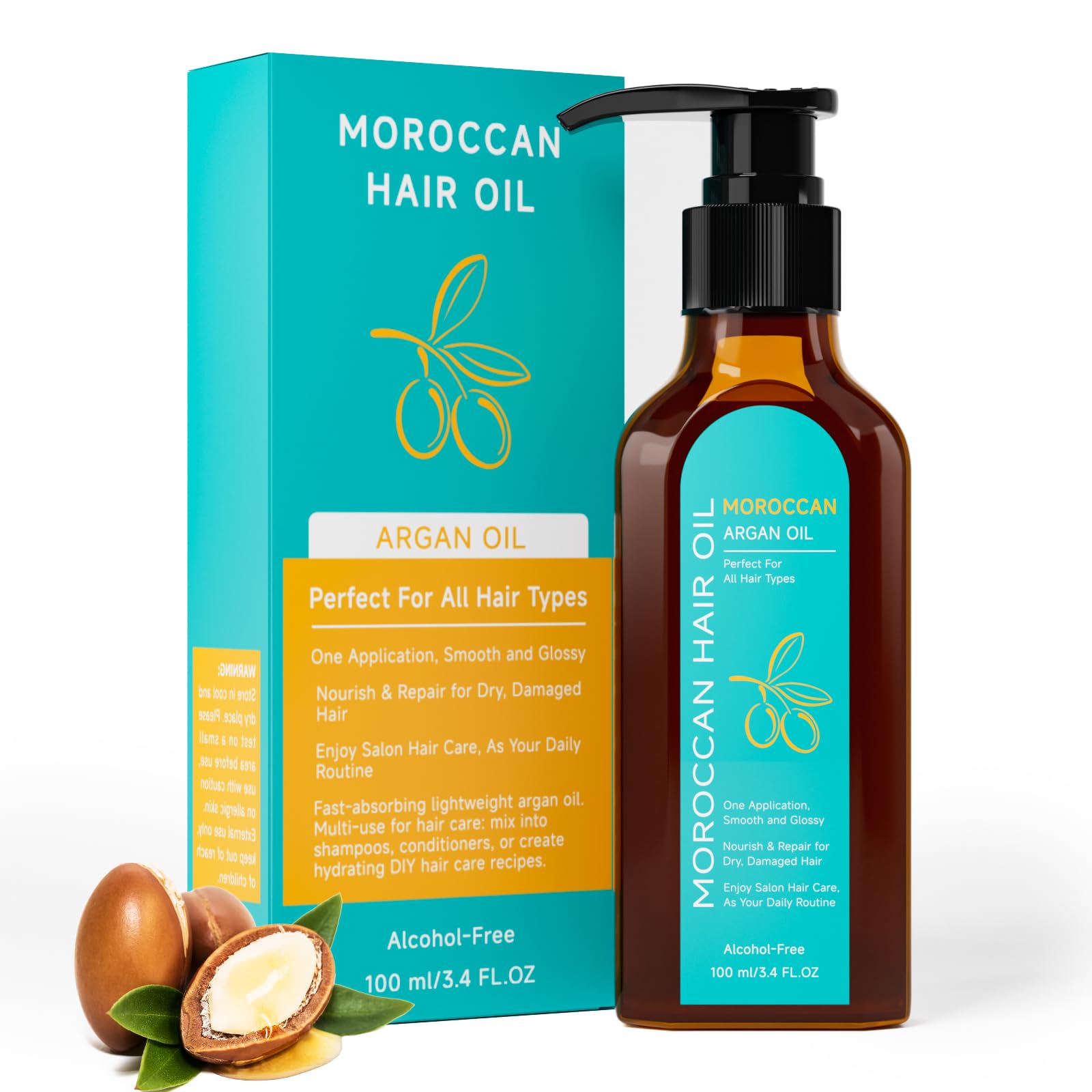 Outccogo Moroccan Argan Oil bottle closeup showing deep hydration and shine.