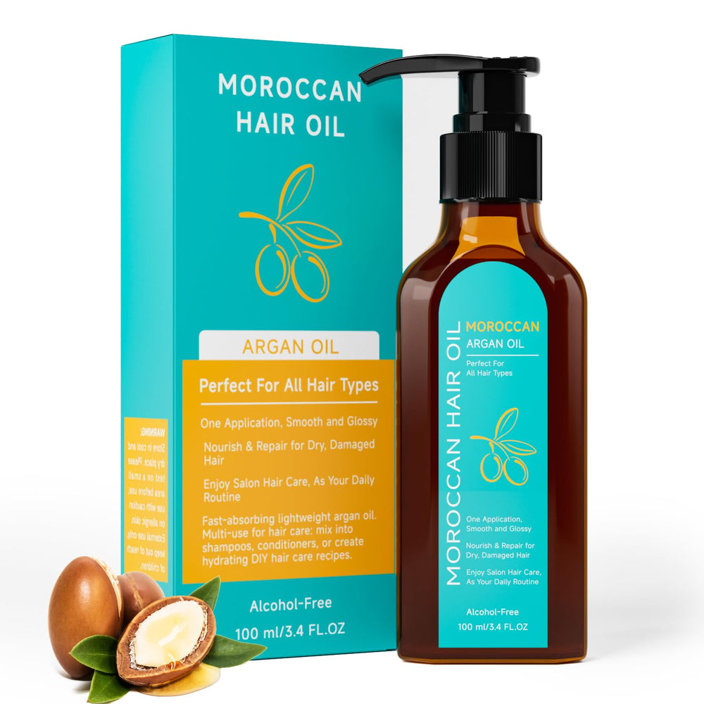 Outccogo Moroccan Argan Oil bottle closeup showing deep hydration and shine.