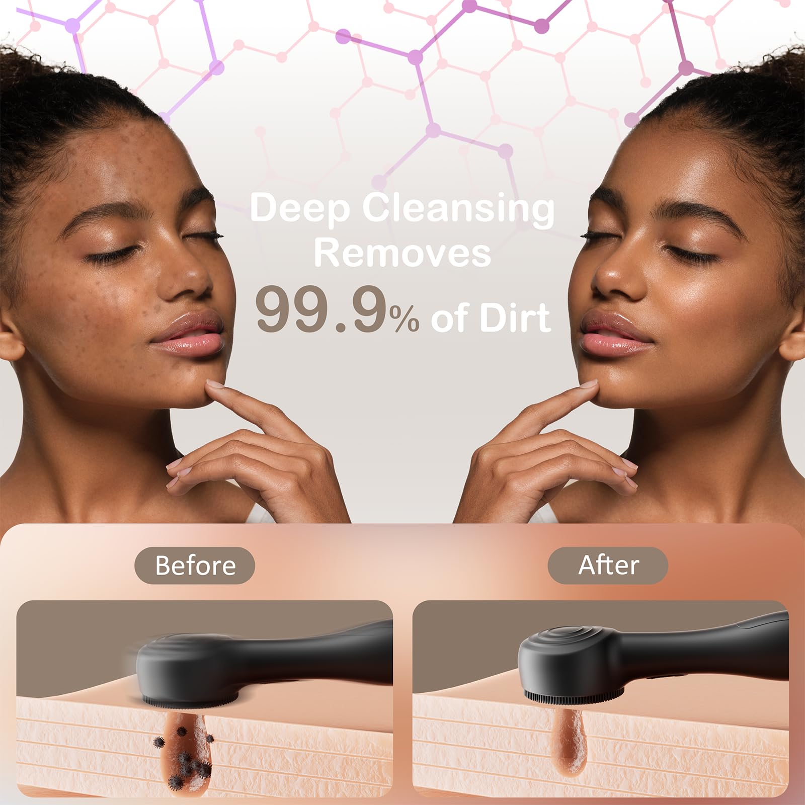 Close-up of soft silicone bristles for safe exfoliation and clear pores.