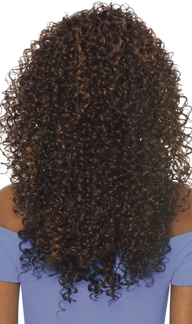 Outre Dominican Curly Bundle Hair Batik Quick Weave Half Wig in 1B Off Black blends with skin tones.