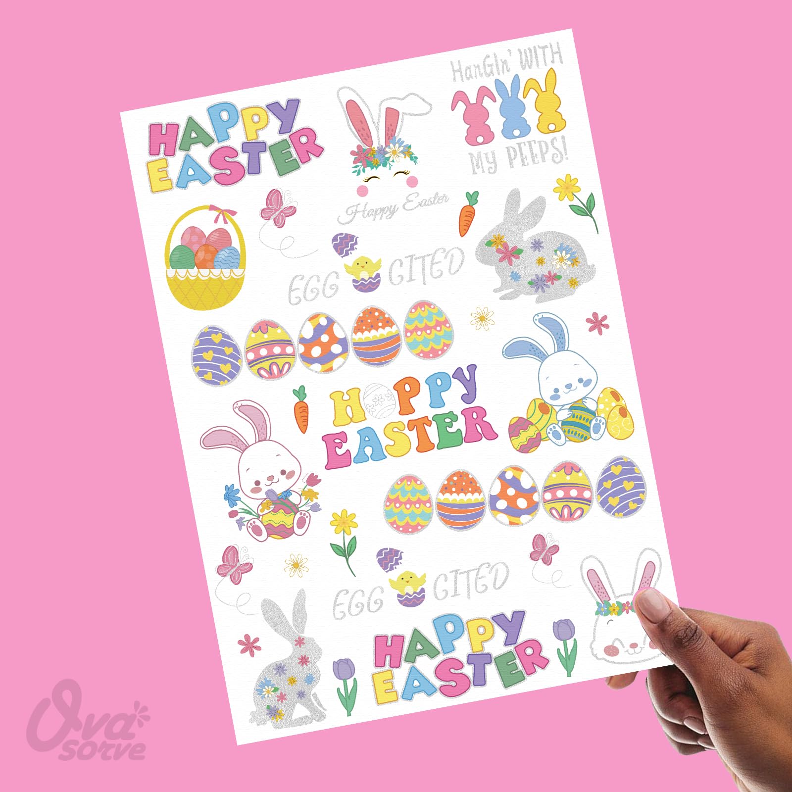 Tatuajes Ovasorve de Pascua con huevos, conejos y cestas para decoración.