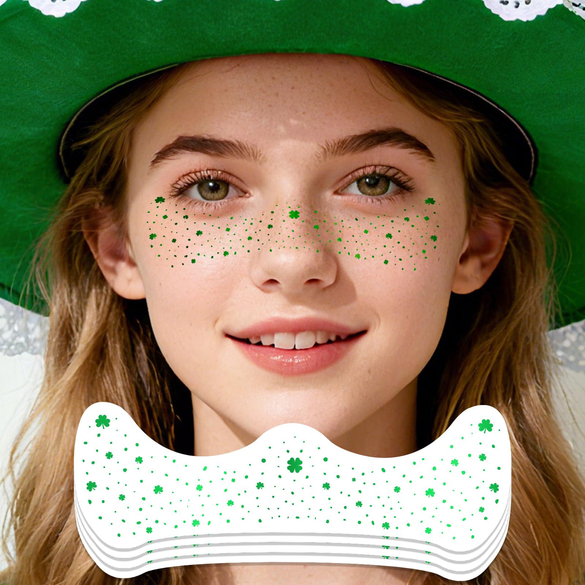 Tatuajes temporales Ovasorve verdes con trébol brillo para realzar el rostro.