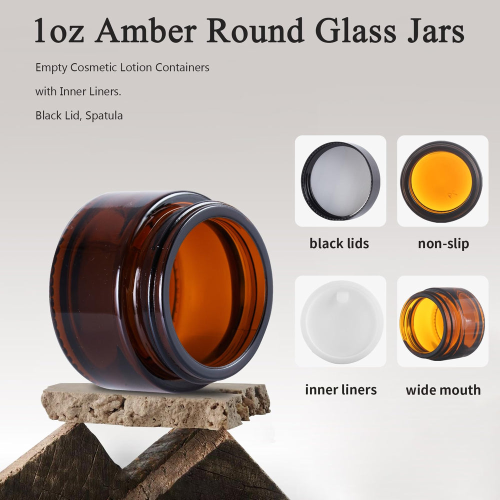 Over News amber jar with inner liner and spoon for mess-free dispensing.