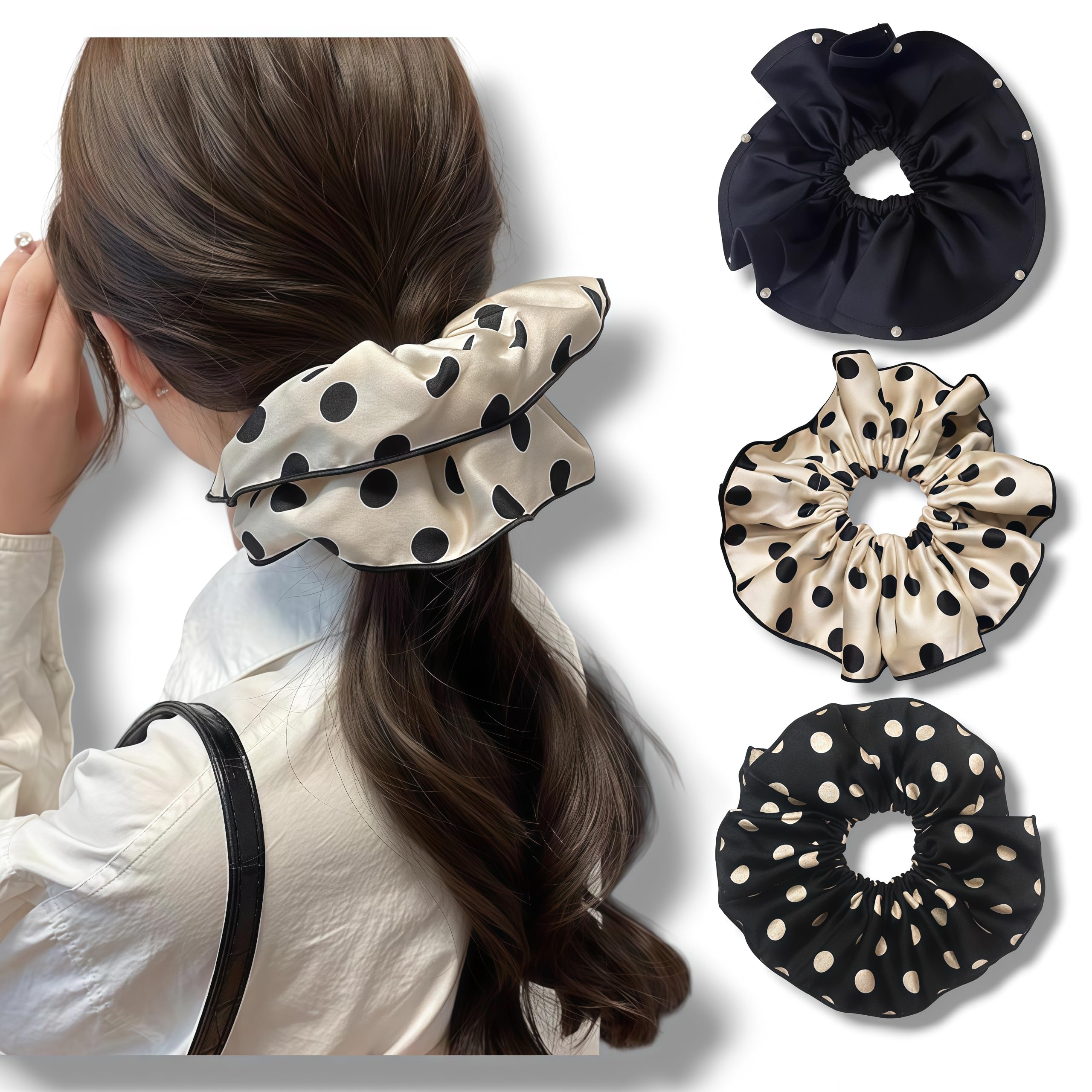 Oversized satin scrunchies black-and-white polka dots complete office-to-evening looks.