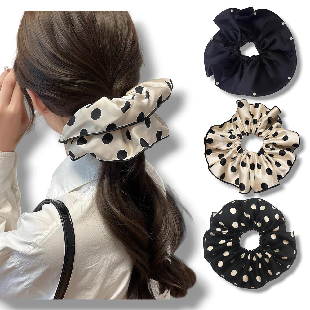 Oversized satin scrunchies black-and-white polka dots complete office-to-evening looks.