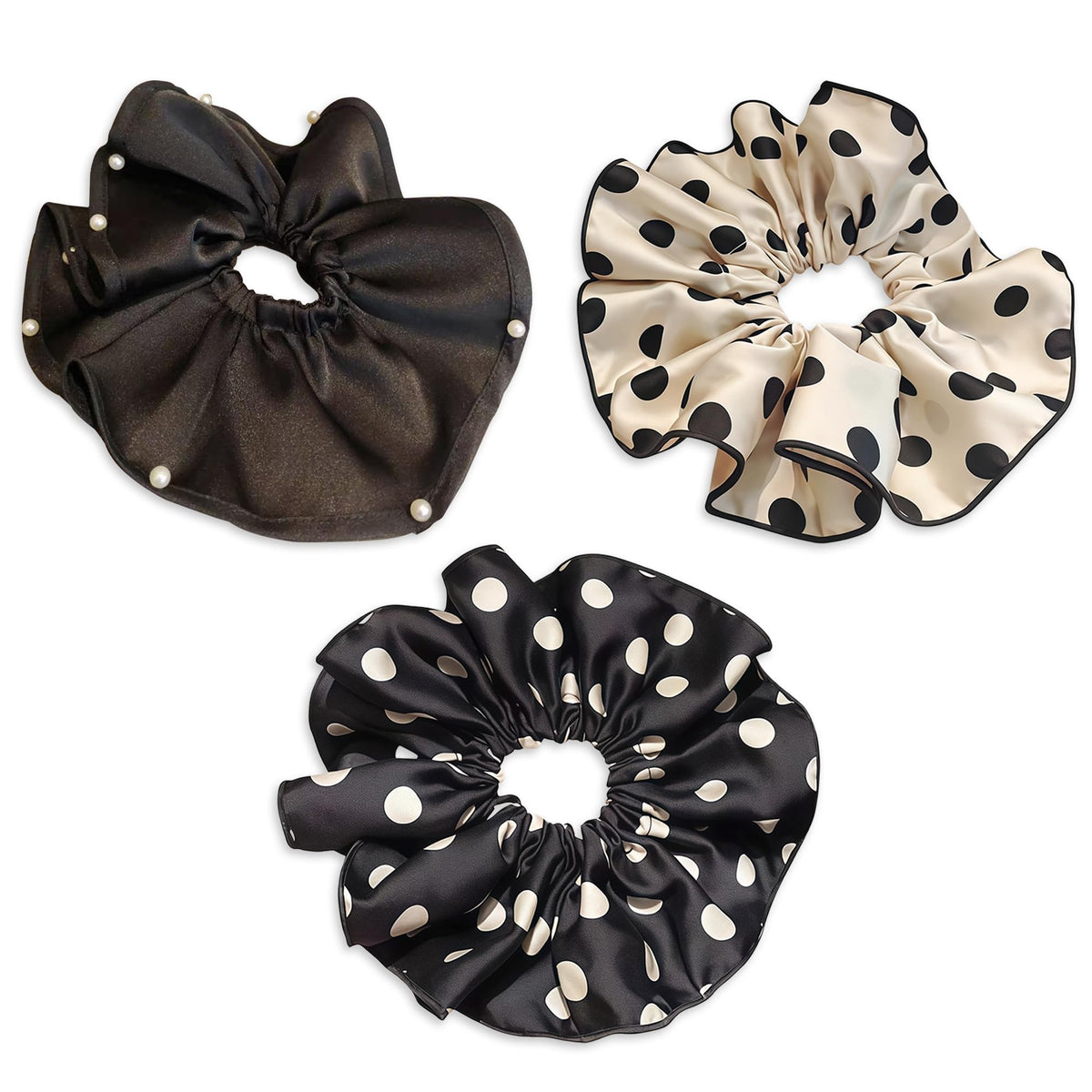 Oversized satin scrunchies with pearl edge provide gentle, crease-free hold.