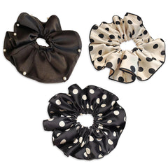 Oversized satin scrunchies with pearl edge provide gentle, crease-free hold.