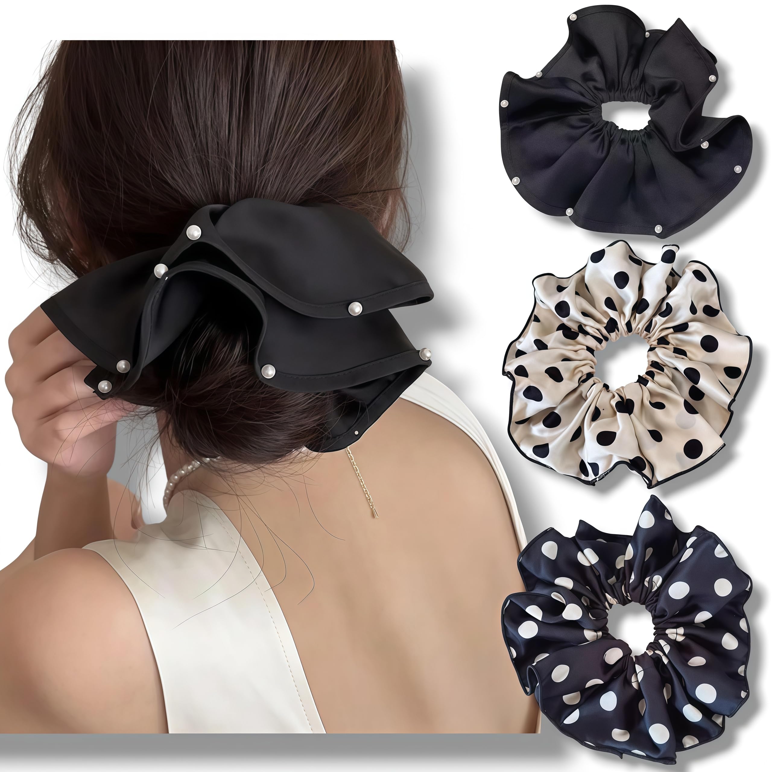 Oversized satin scrunchies with polka-dot pattern add retro charm to hairstyles.