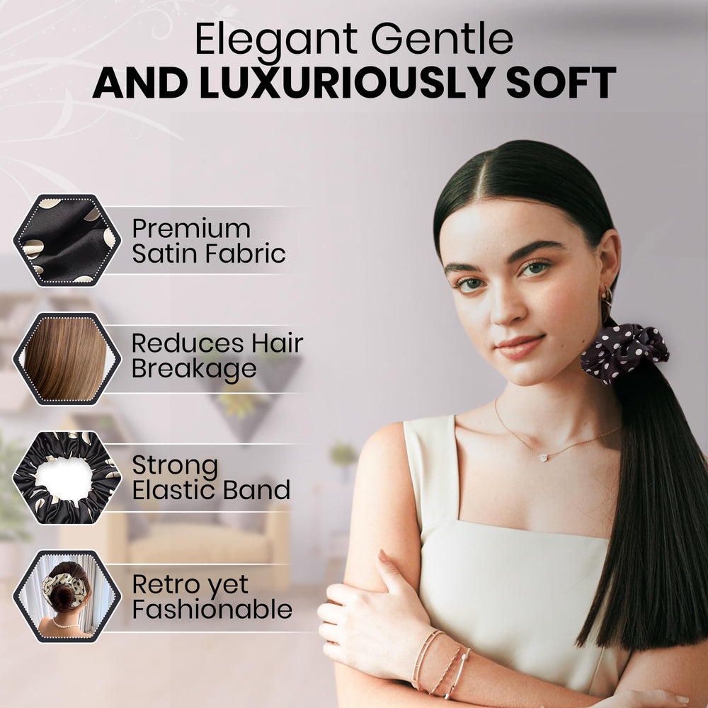 Three-pack satin scrunchies provide versatile styling options at home.