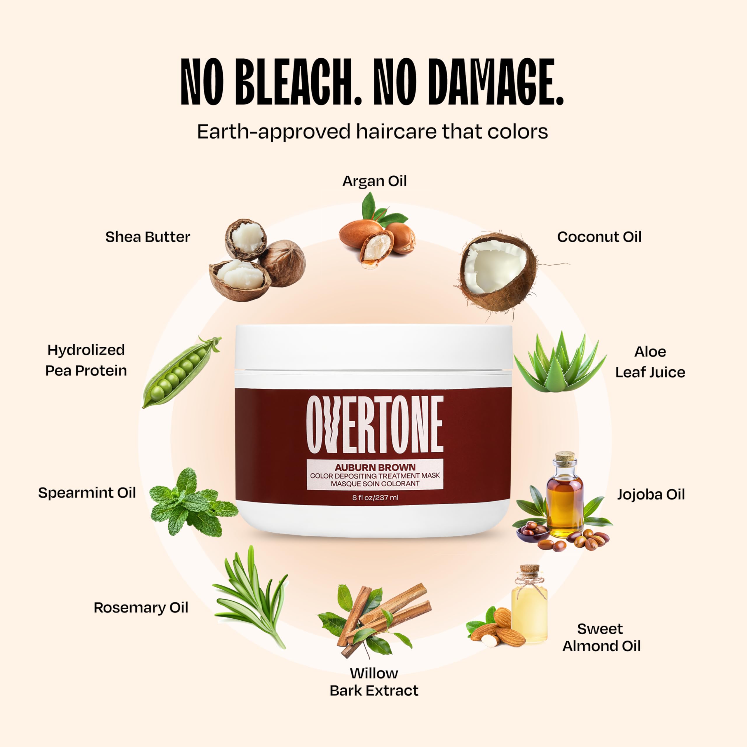 Overtone Auburn Brown hair close-up — color-dense, hydrated.