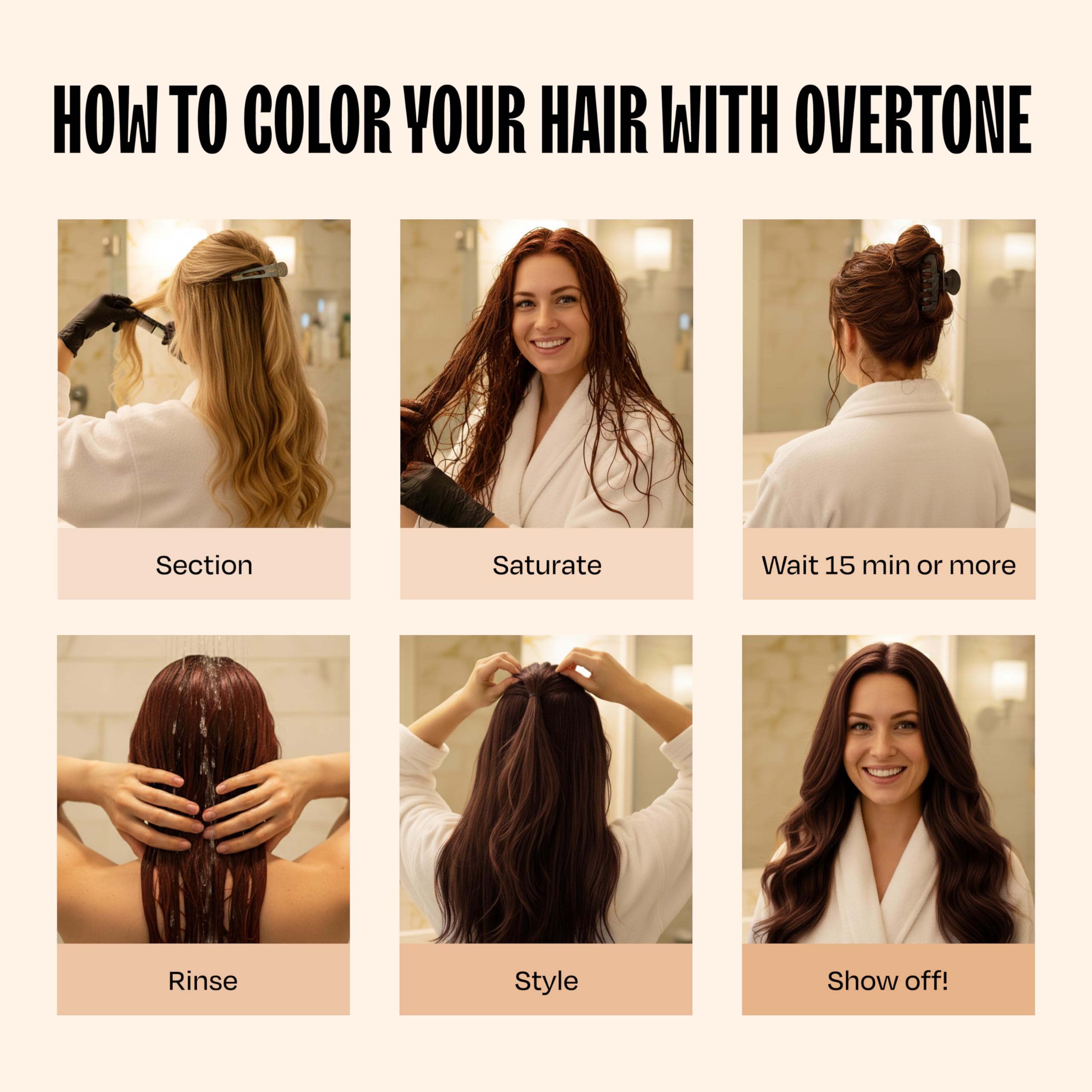 Overtone Auburn Brown towel-dried hair post-treatment.