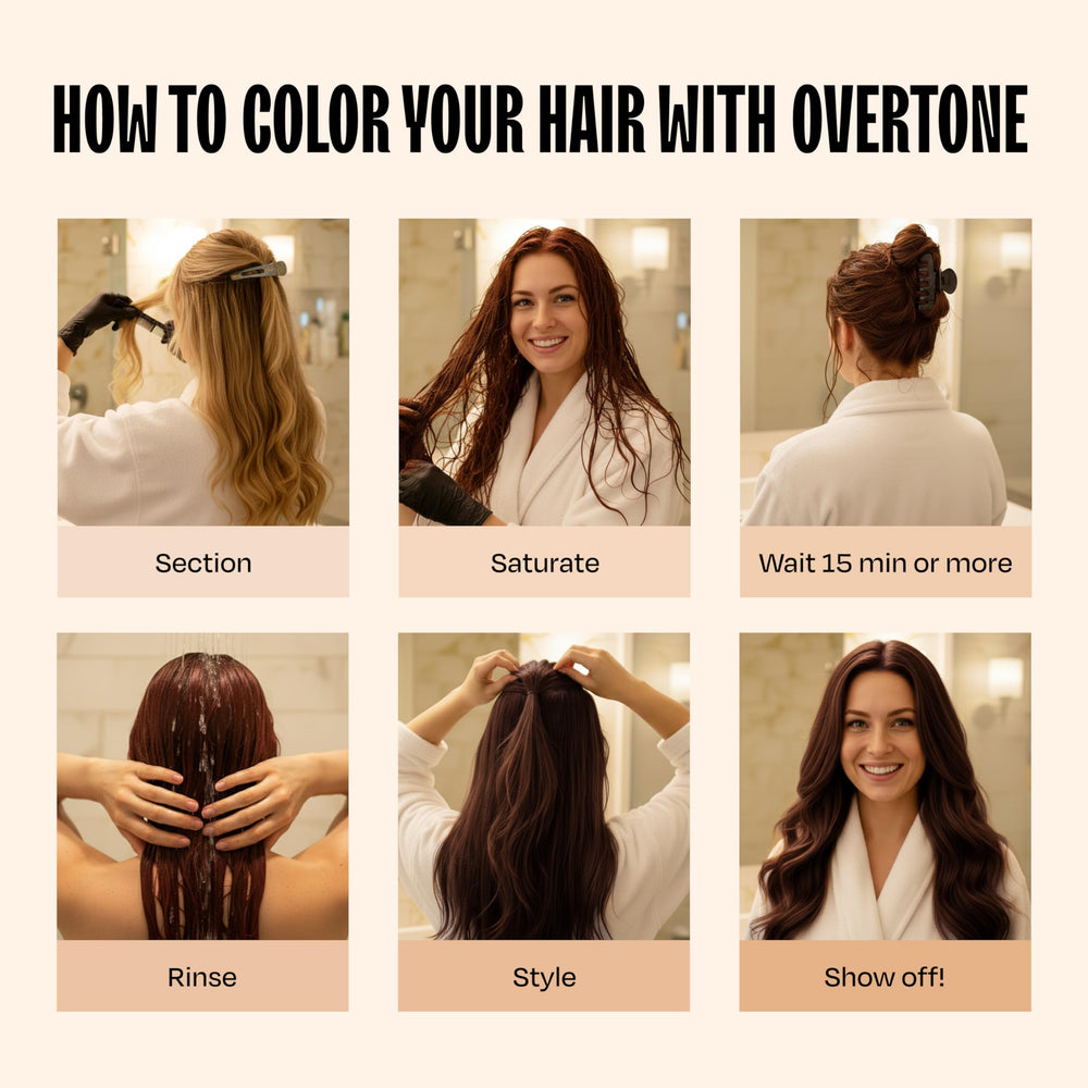 Overtone Auburn Brown towel-dried hair post-treatment.