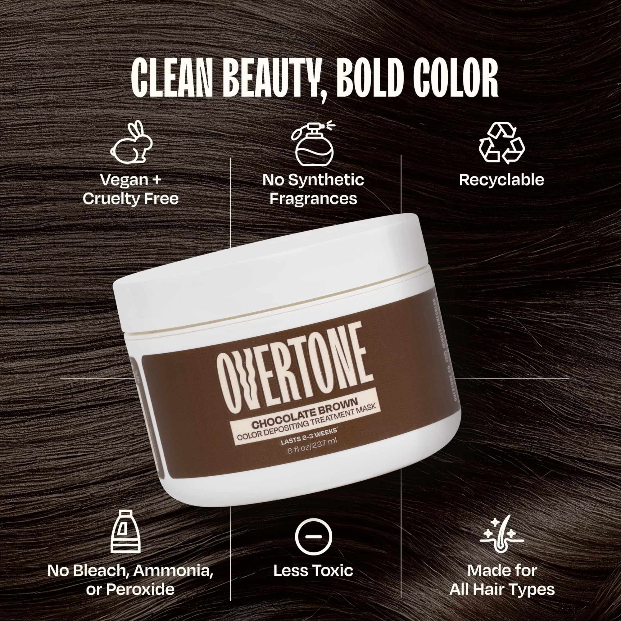 Overtone Chocolate Brown shea oil blend close-up emphasizing nourishing ingredients.