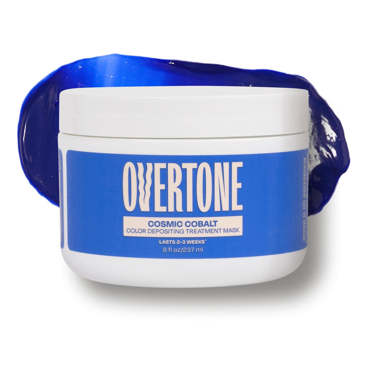 Overtone Cosmic Cobalt bottle close-up for color-depositing conditioner use.