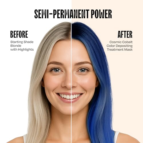 Overtone Cosmic Cobalt color deposit visible on hair for vibrant results.