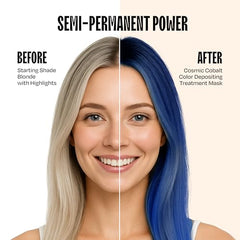 Overtone Cosmic Cobalt color deposit visible on hair for vibrant results.