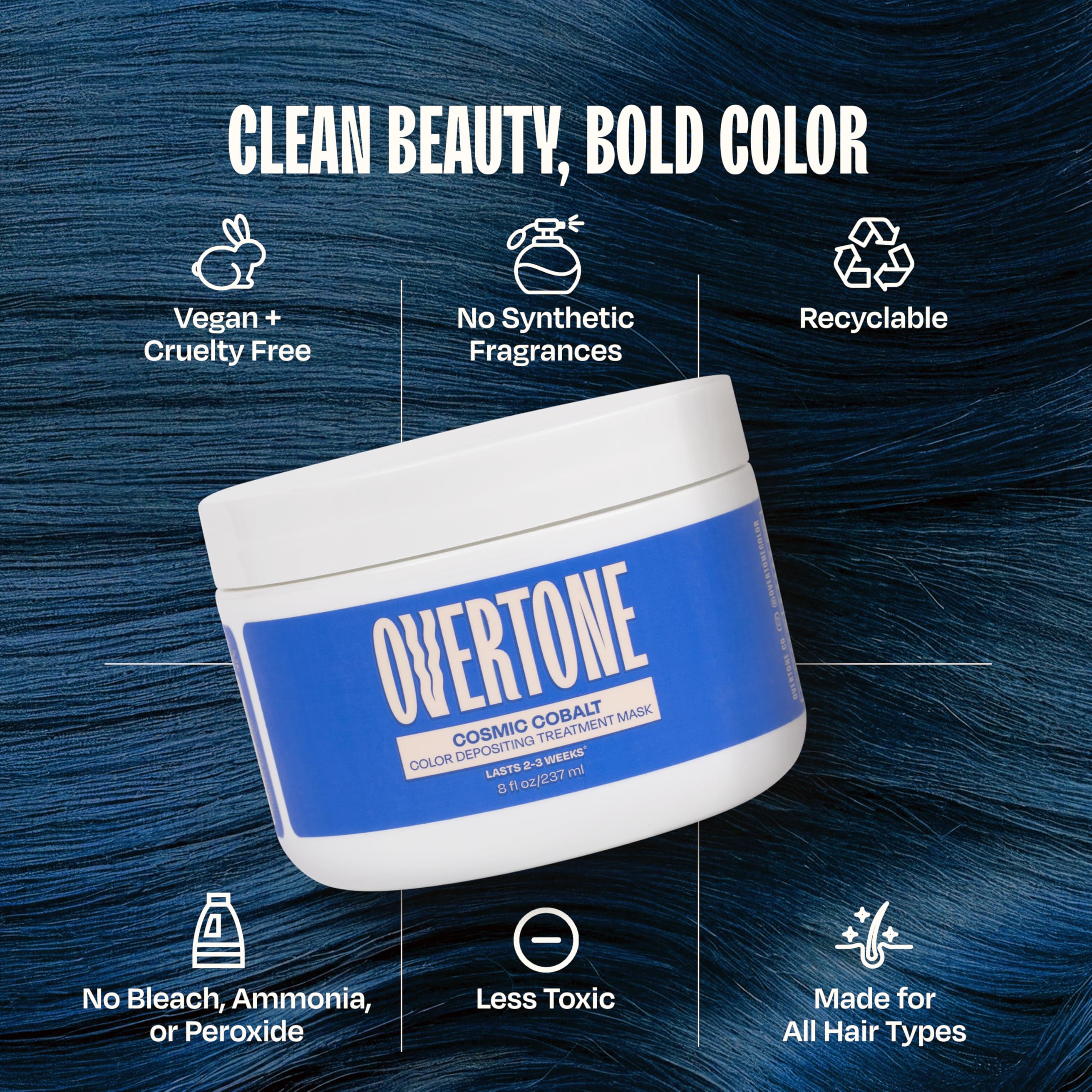 Overtone Cosmic Cobalt rinse and reveal color deposit on hair.