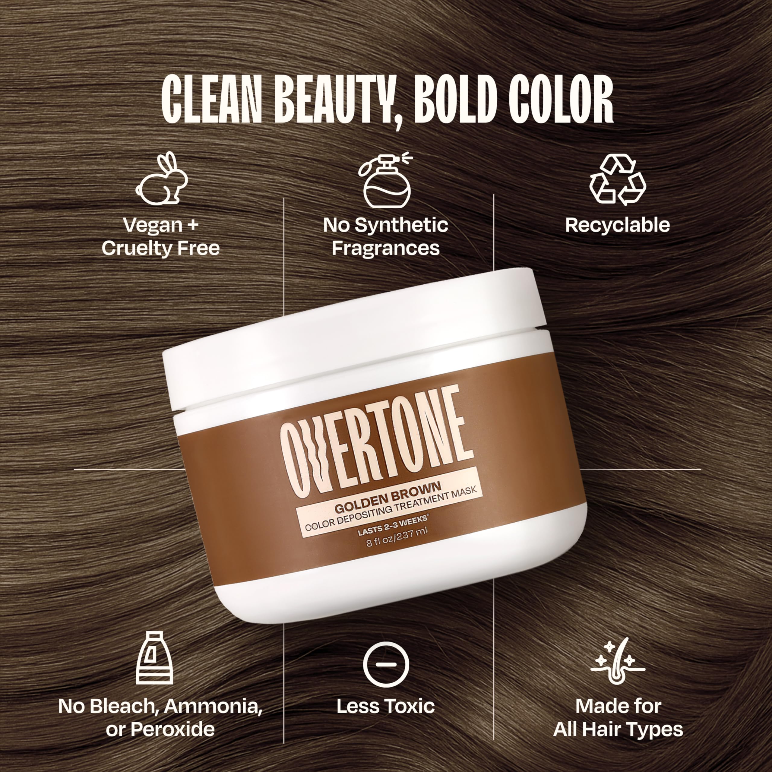 oVertone Golden Brown color with coconut oil—hydrating shine.