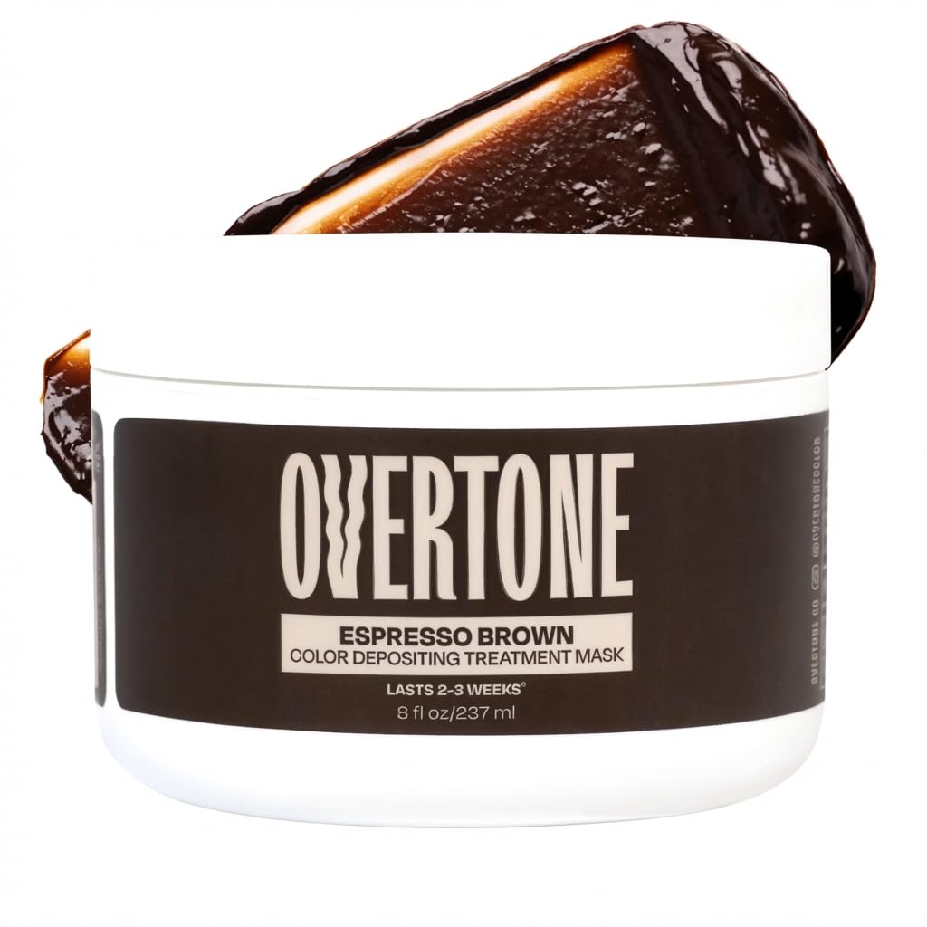Overtone Espresso Brown bottle with color-depositing mask for at-home color refresh.