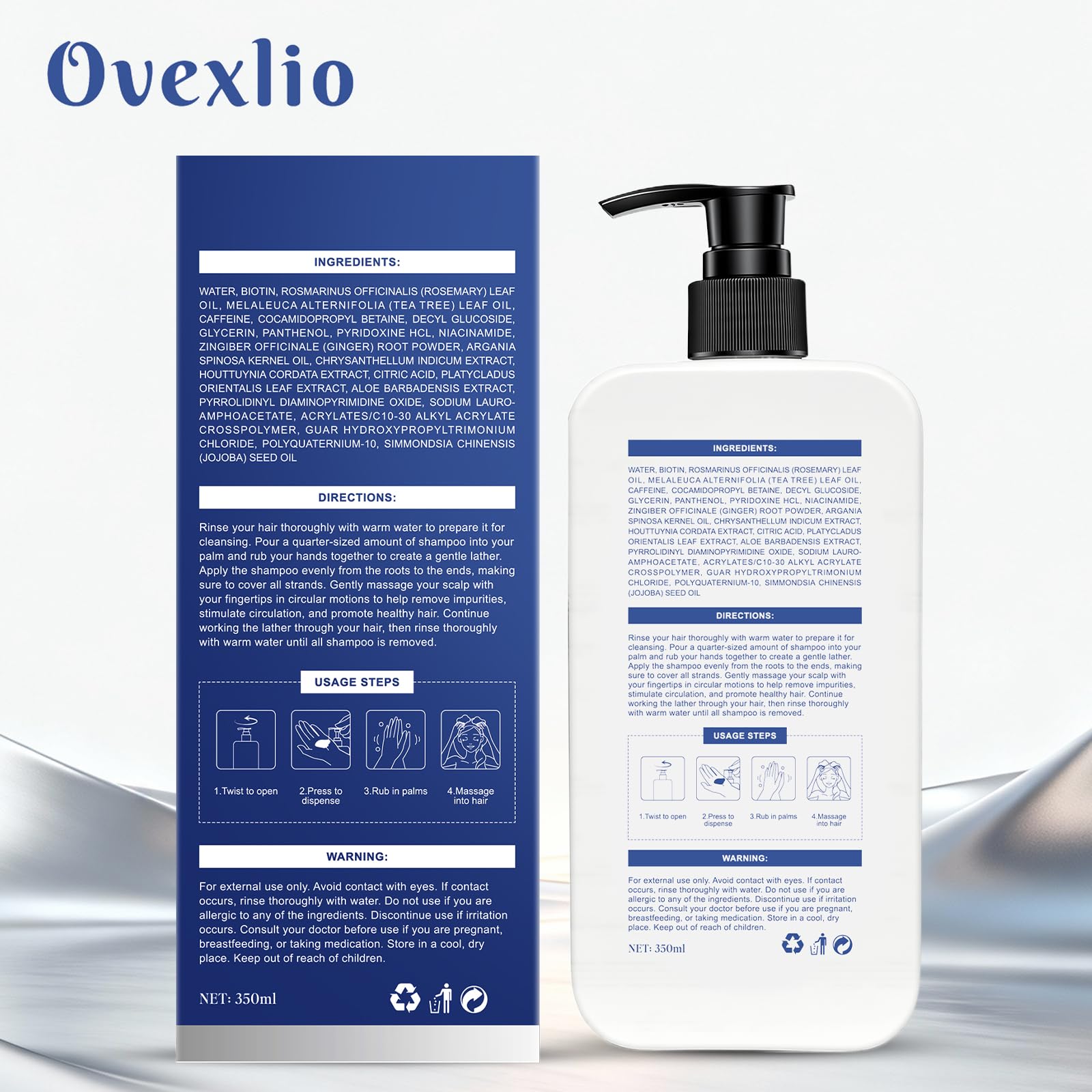 OVEXLIO bottle on bathroom shelf shown as daily-use reminder.