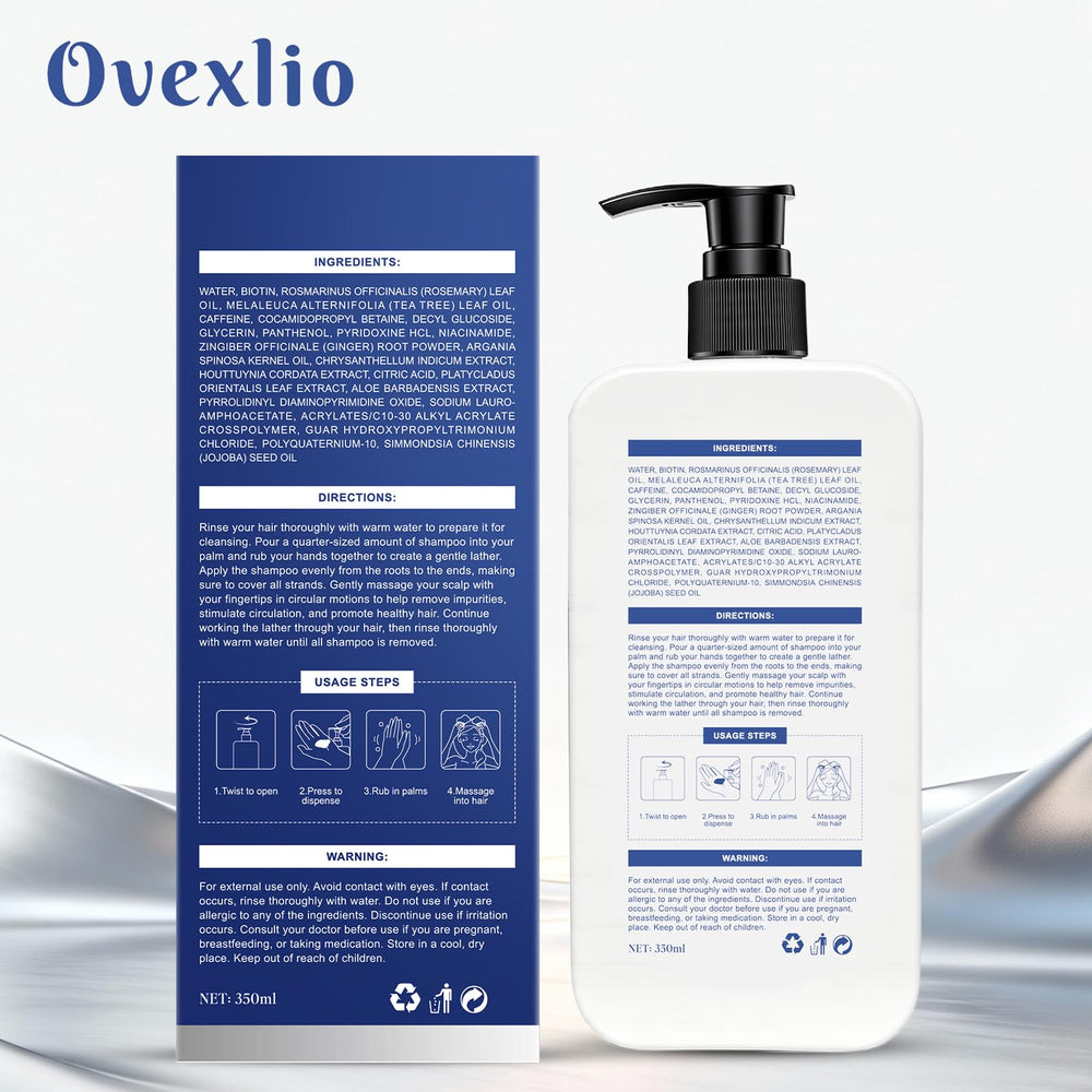 OVEXLIO bottle on bathroom shelf shown as daily-use reminder.