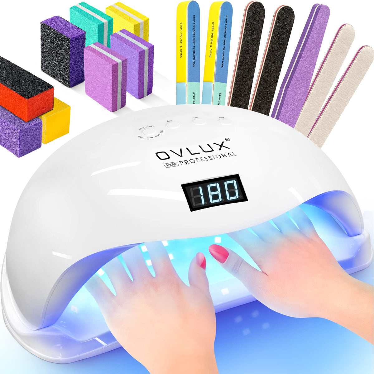 OVLux 180W UV LED nail lamp front view highlights compact, user-friendly design for home use
