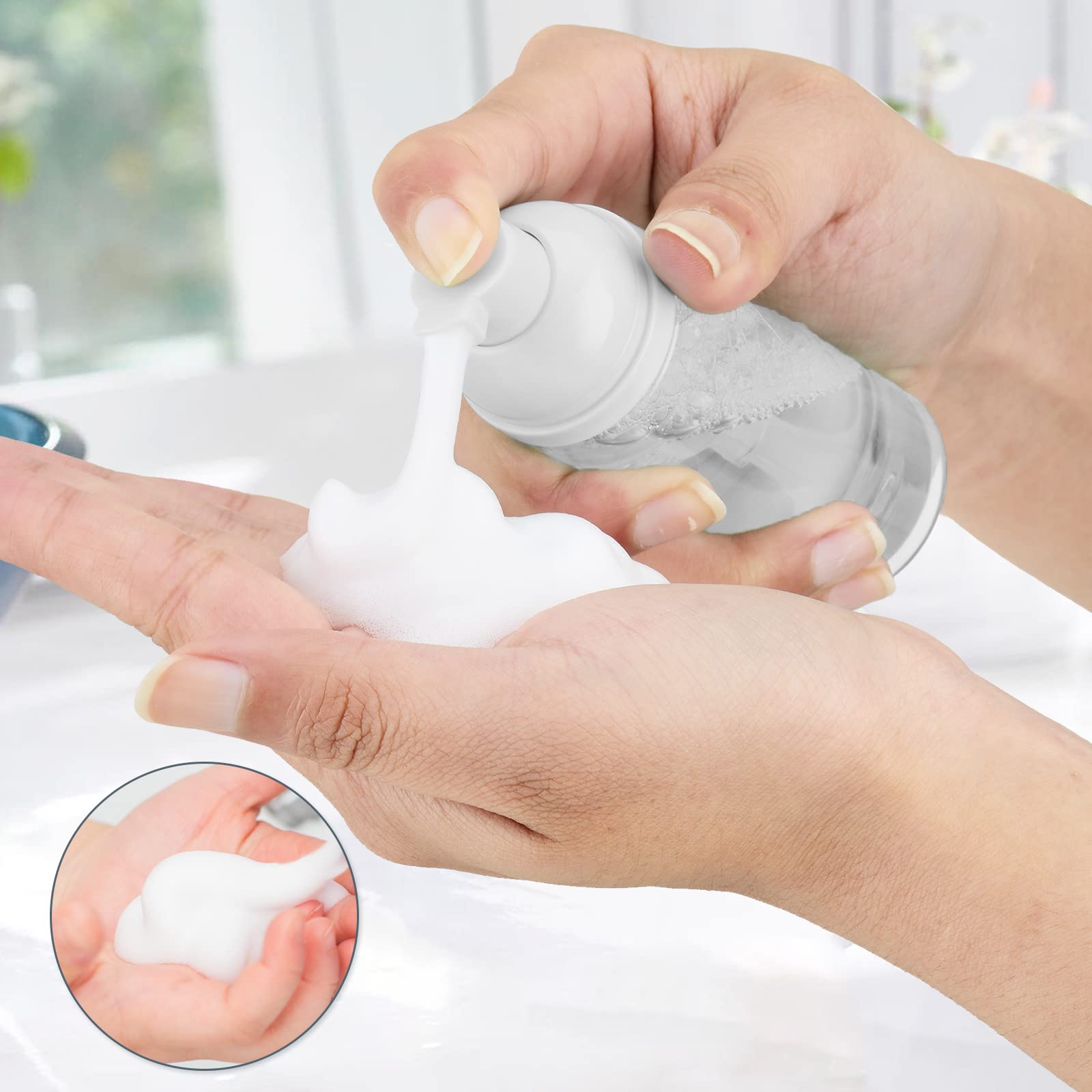 Owlyee travel foam dispenser shown with lash cleanser, perfect for on-the-go grooming.