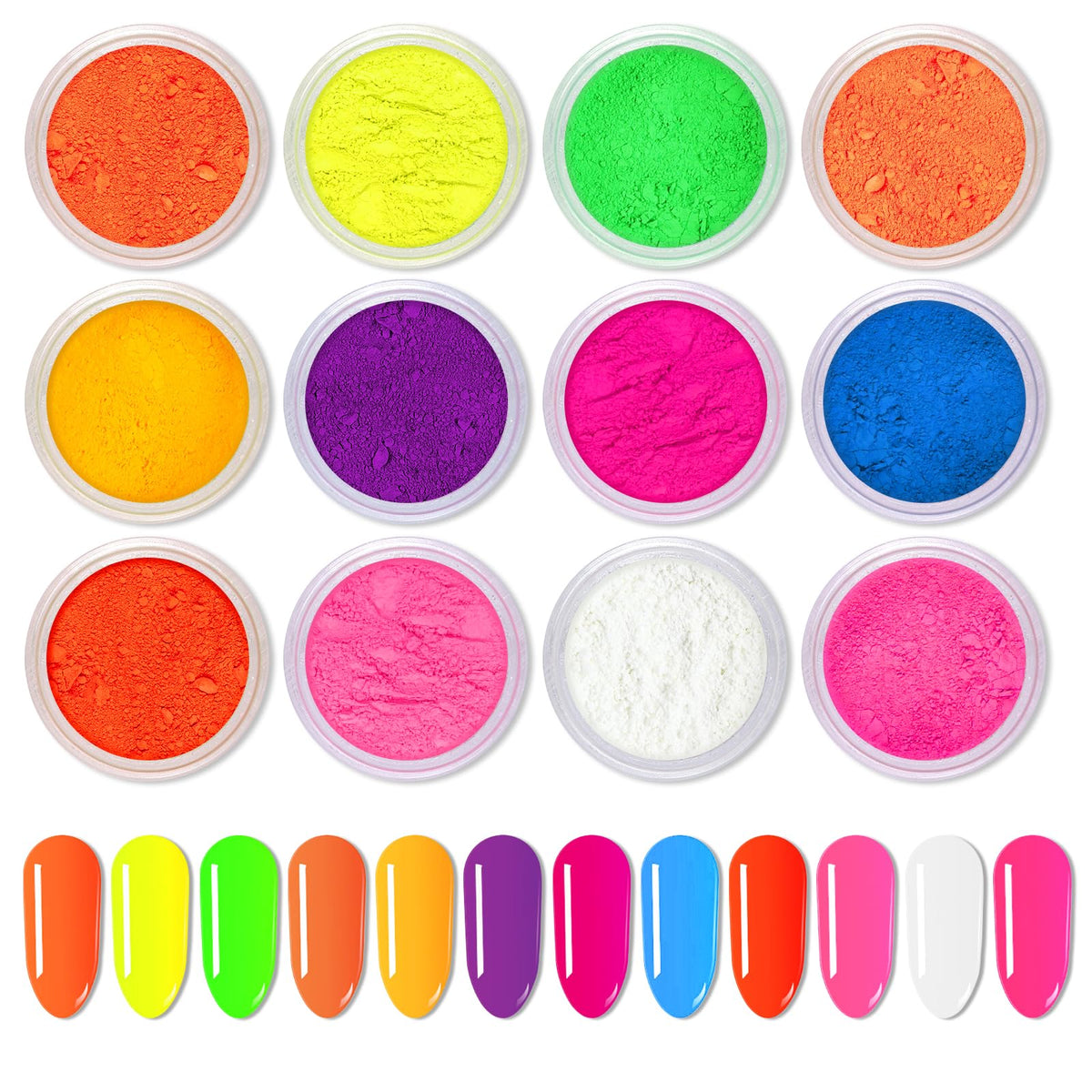 Ownest pigment powder with colorful fluorescent hues for bold gradient nails.