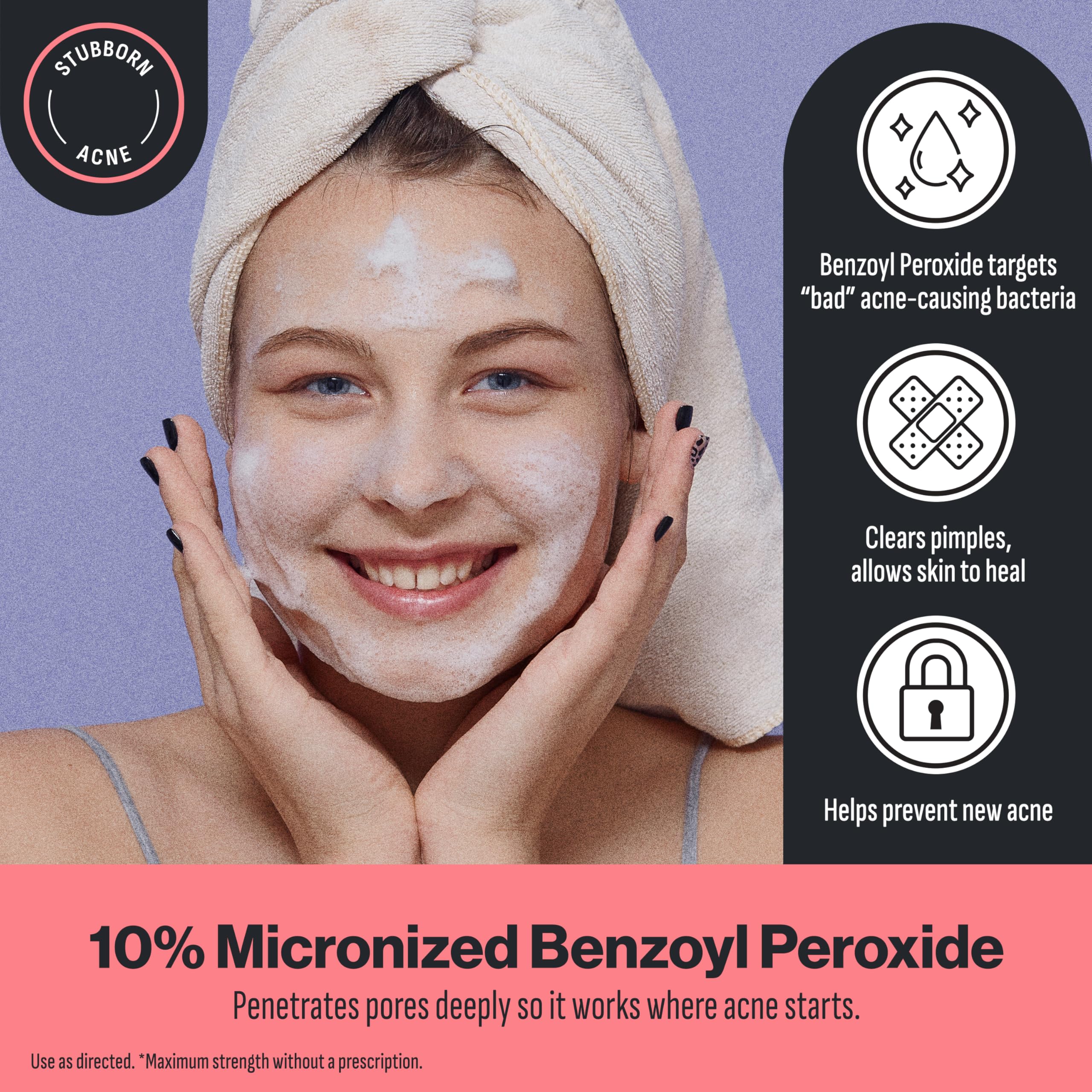 Label detail on Oxy Face Wash highlighting 10% benzoyl peroxide.