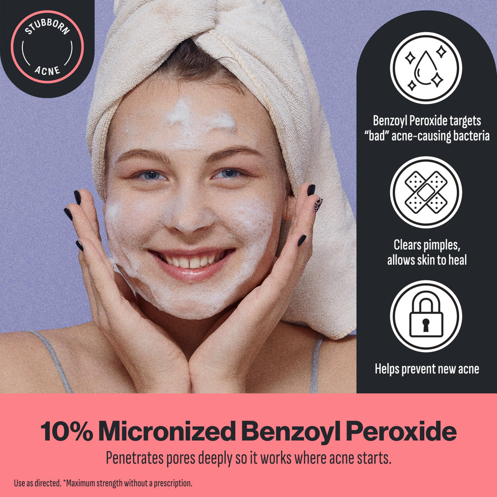 Label detail on Oxy Face Wash highlighting 10% benzoyl peroxide.