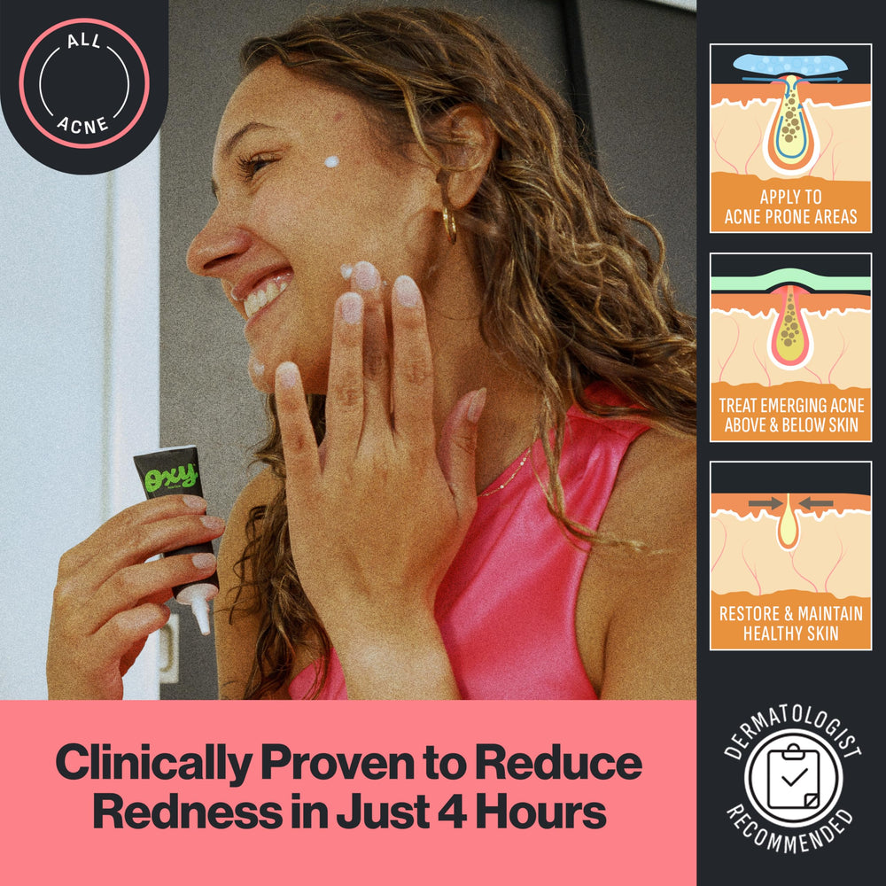 Oxy Rapid Spot Treatment reduces redness and targets pimples quickly.