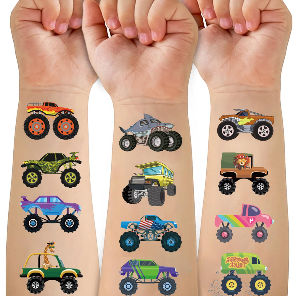 Ozepao Monster Trucks tattoo sheet for kids, colorful designs for party fun