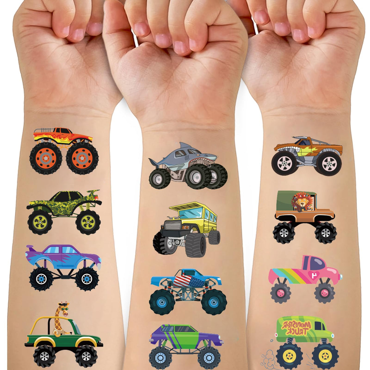 Ozepao Monster Trucks tattoo sheet for kids, colorful designs for party fun