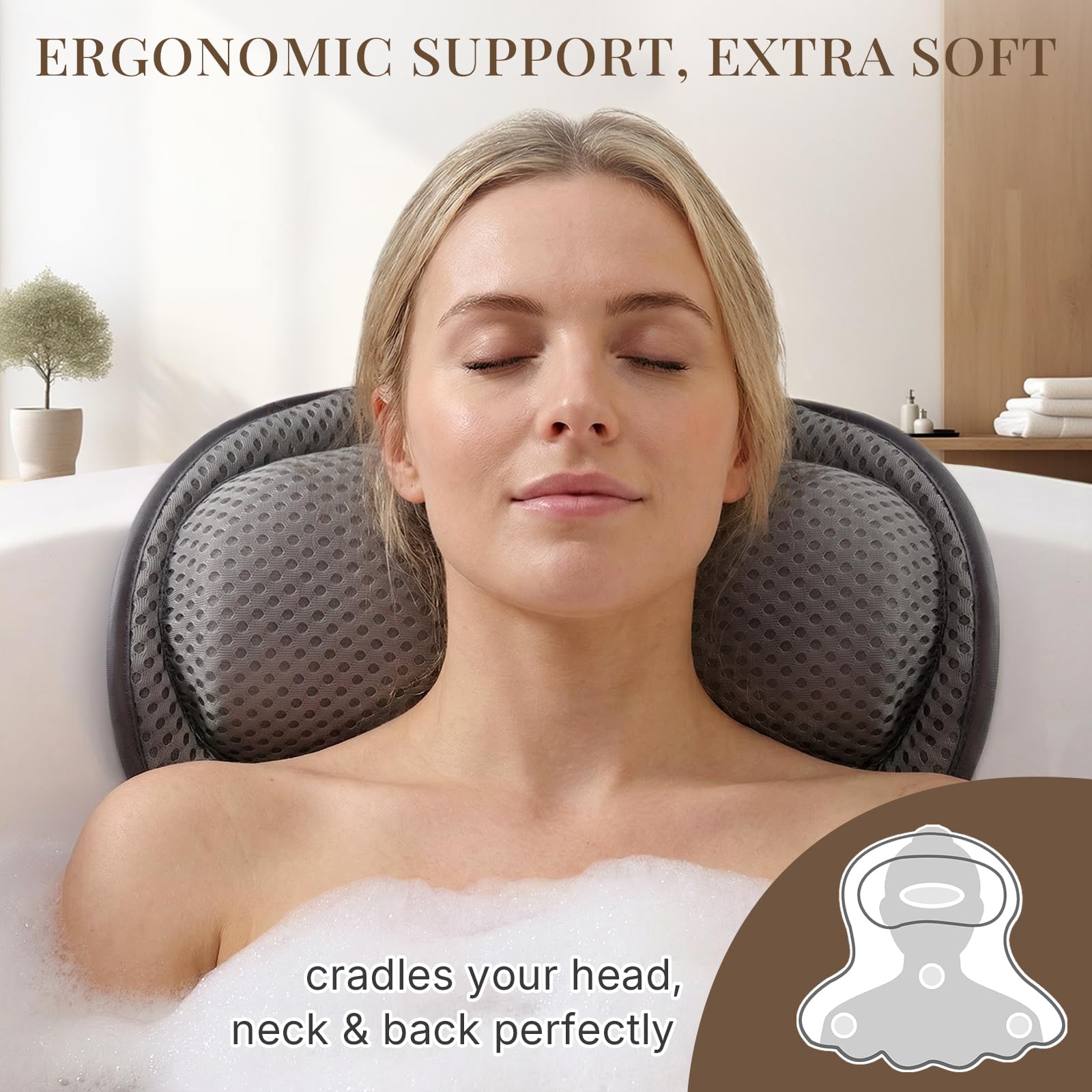 Ozyalo Bath Pillow side padding provides comfort from shoulders to back