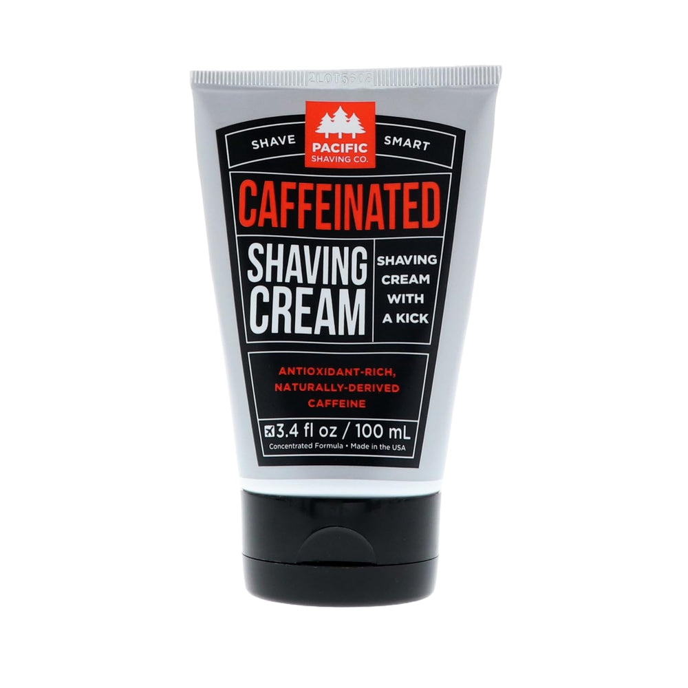 Pacific Shaving Company caffeinated shaving cream tube front showcasing hydrating formula