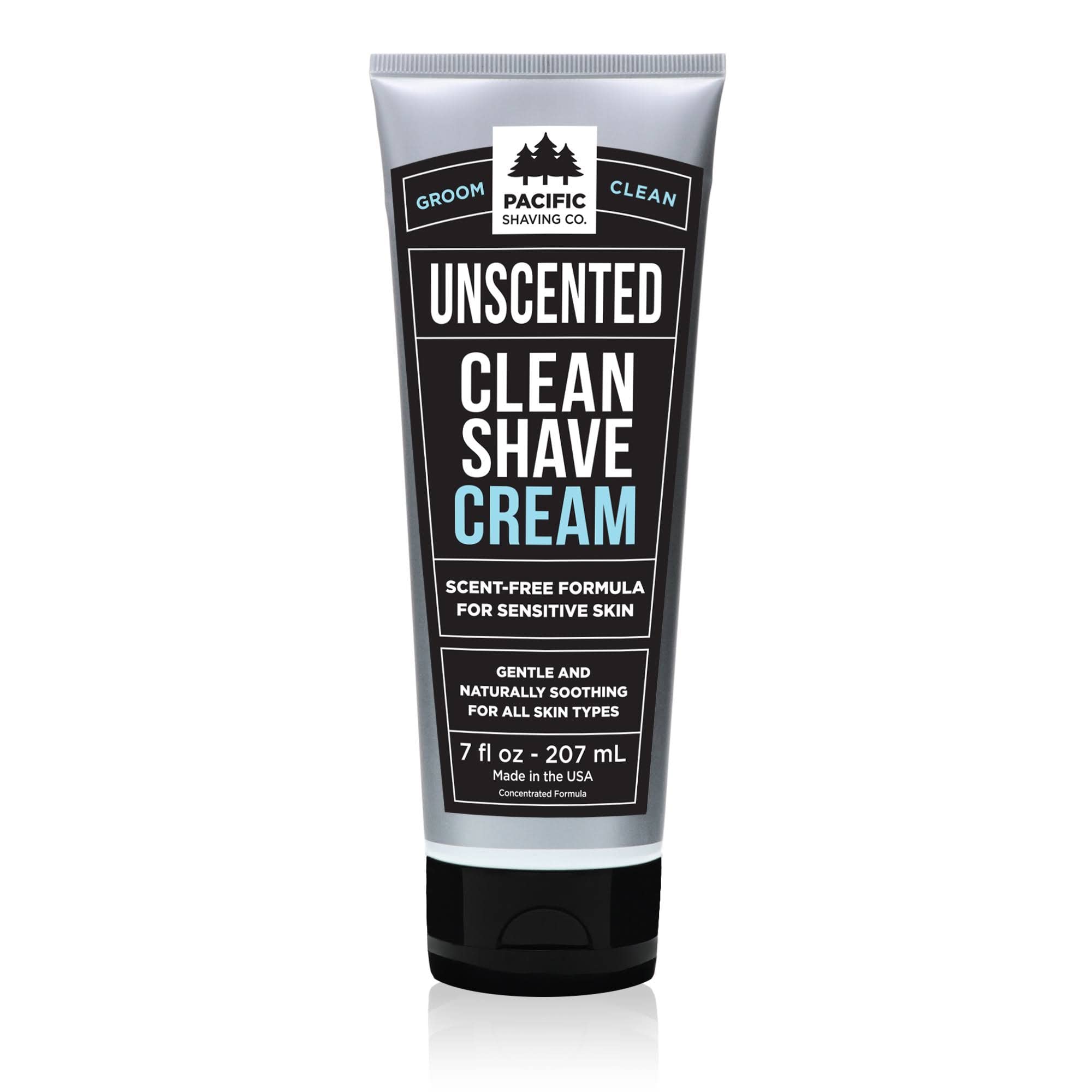 Pacific Shaving Company clean shaving cream jar highlights fragrance free formula for sensitive skin