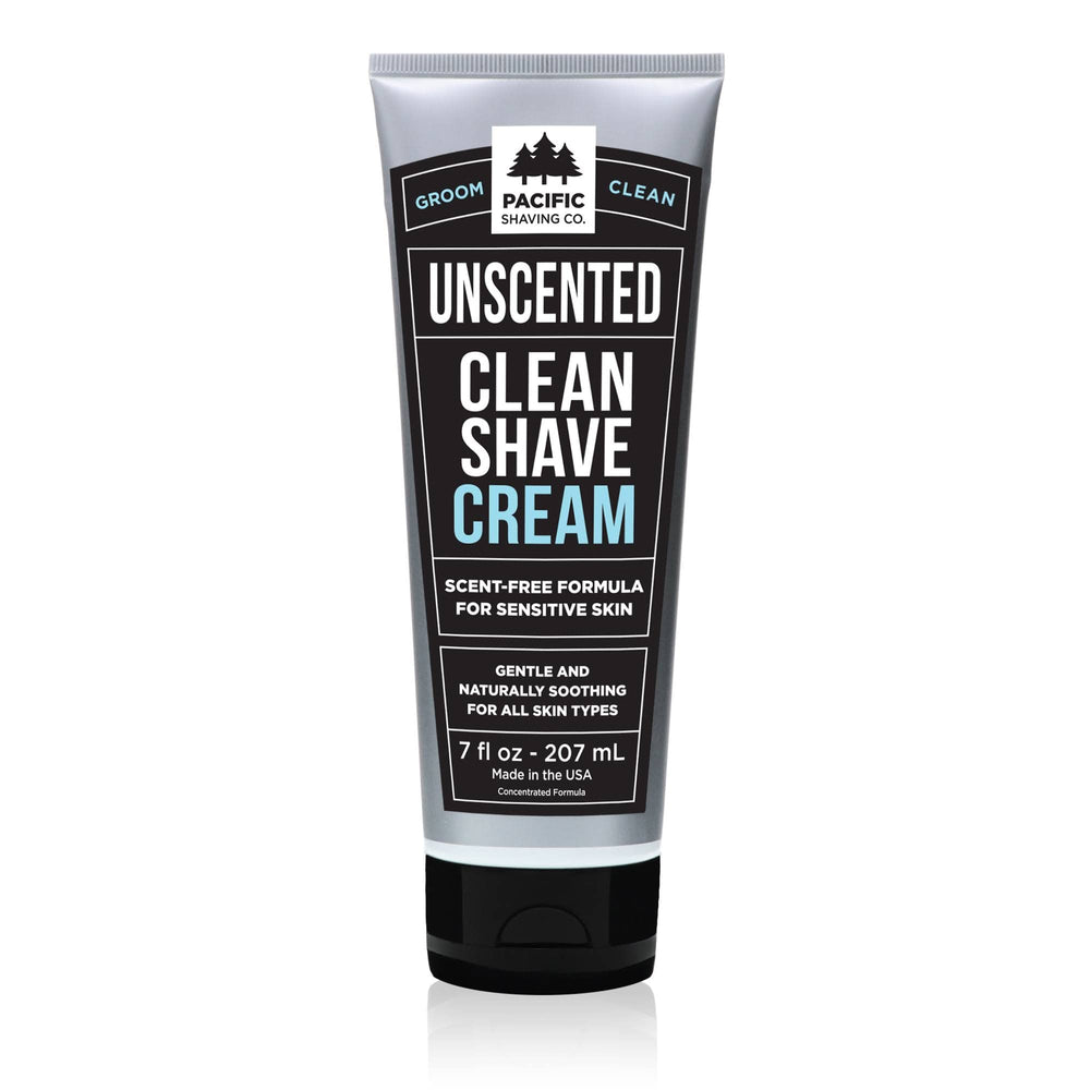 Pacific Shaving Company clean shaving cream jar highlights fragrance free formula for sensitive skin