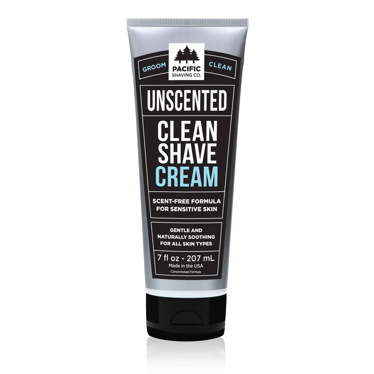 Pacific Shaving Company clean shaving cream jar highlights fragrance free formula for sensitive skin