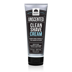 Pacific Shaving Company clean shaving cream jar highlights fragrance free formula for sensitive skin