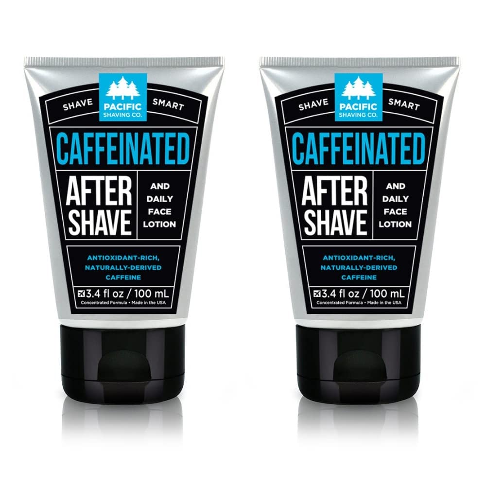 Pacific Shaving Co caffeinated aftershave bottle with cooling spearmint