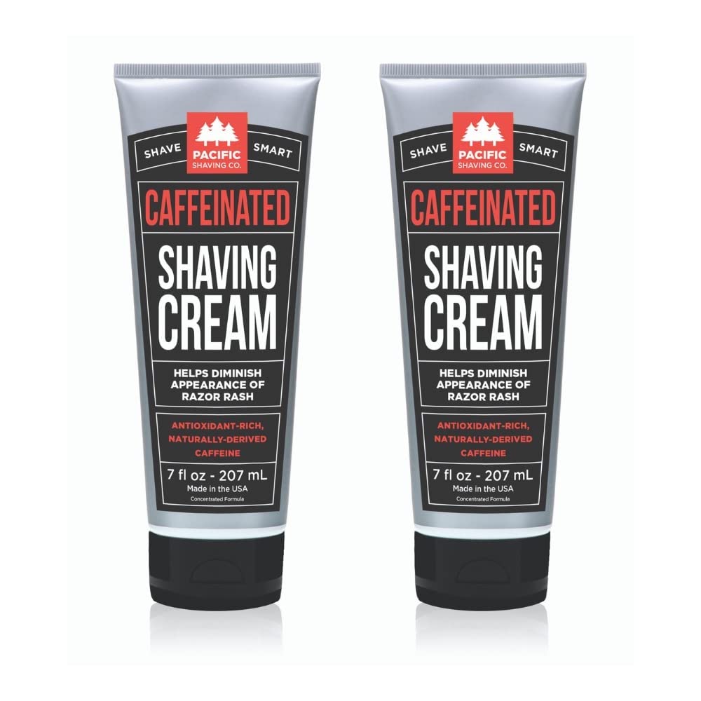 Pacific Shaving Company caffeinated shaving cream bottle and twin pack for hydrated skin