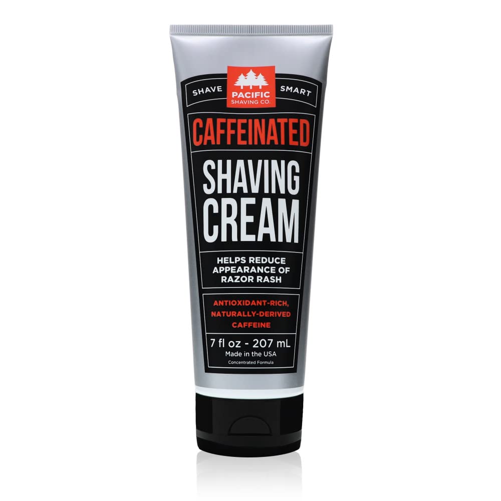 Pacific Shaving Co caffeinated shaving cream bottle boosts hydration and alertness.