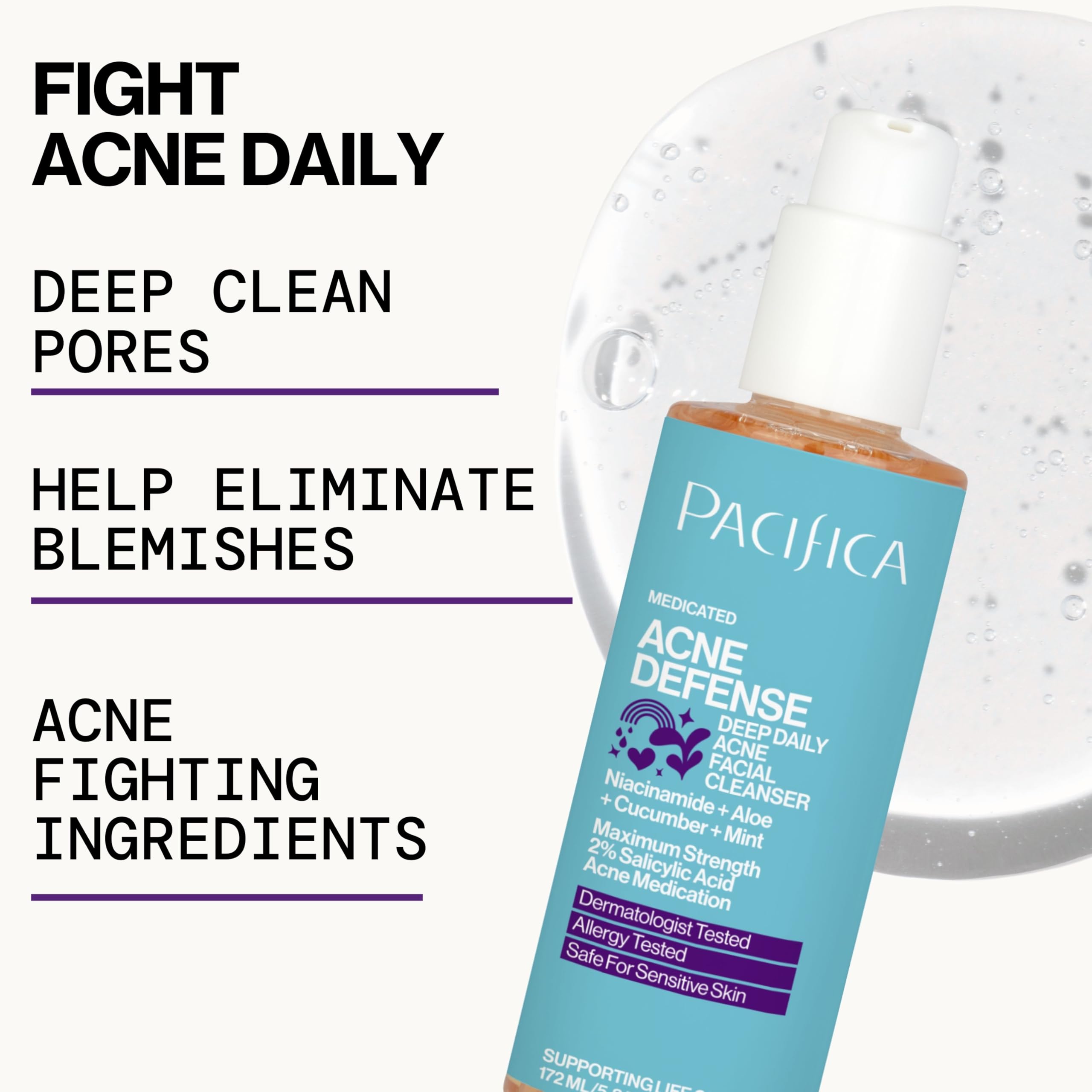 Pacifica Acne Defense Face Wash, envase vegano reflejando compromiso con cuidado responsable.