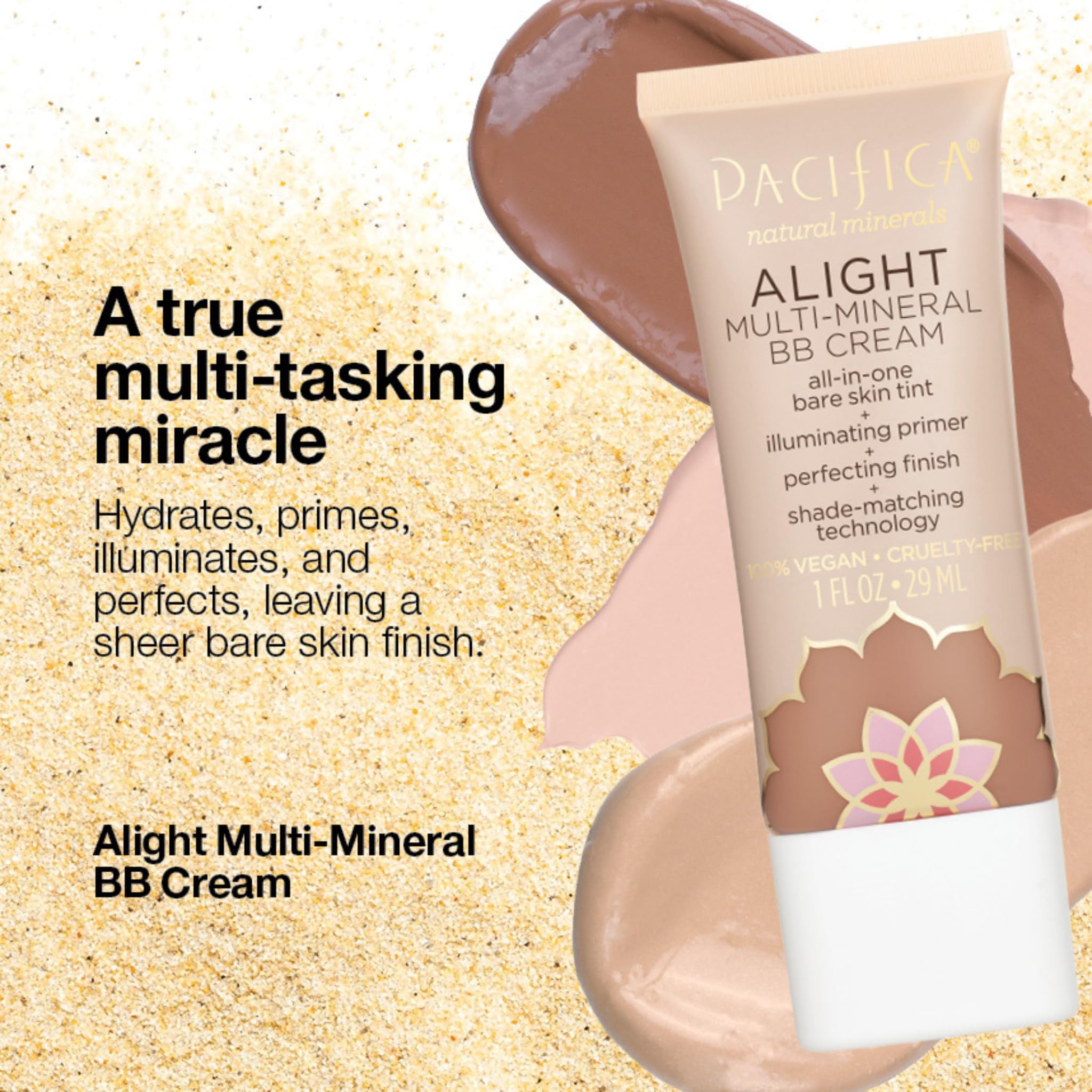 Pacifica Alight BB crema multi-mineral tono medio, ideal para uso diario como base ligera.