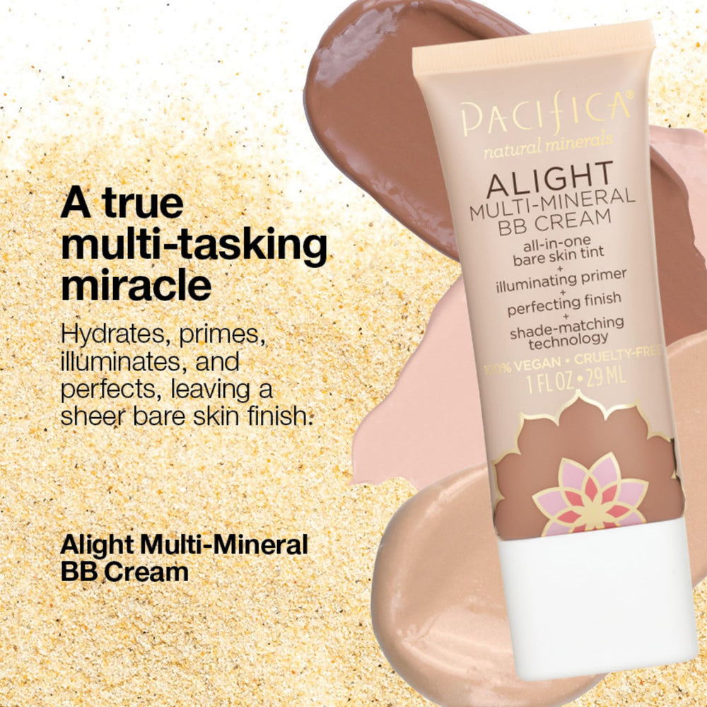 Pacifica Alight BB crema multi-mineral tono medio, ideal para uso diario como base ligera.
