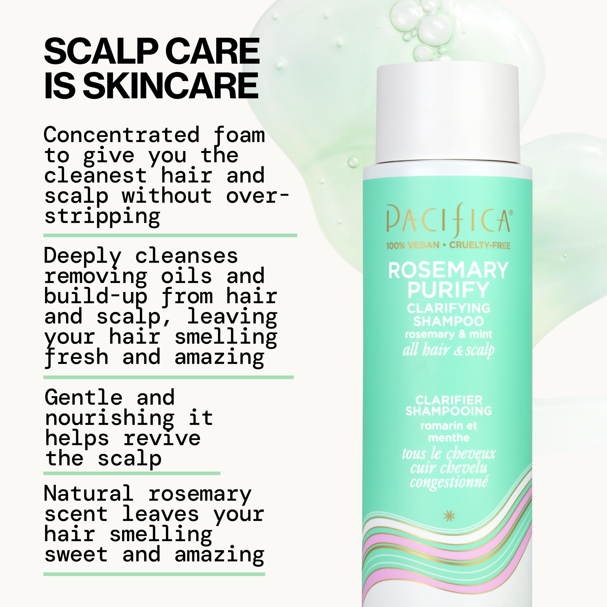 Pacifica champú Rosemary Purify, aplicación fácil en la ducha para una experiencia vigorizante.