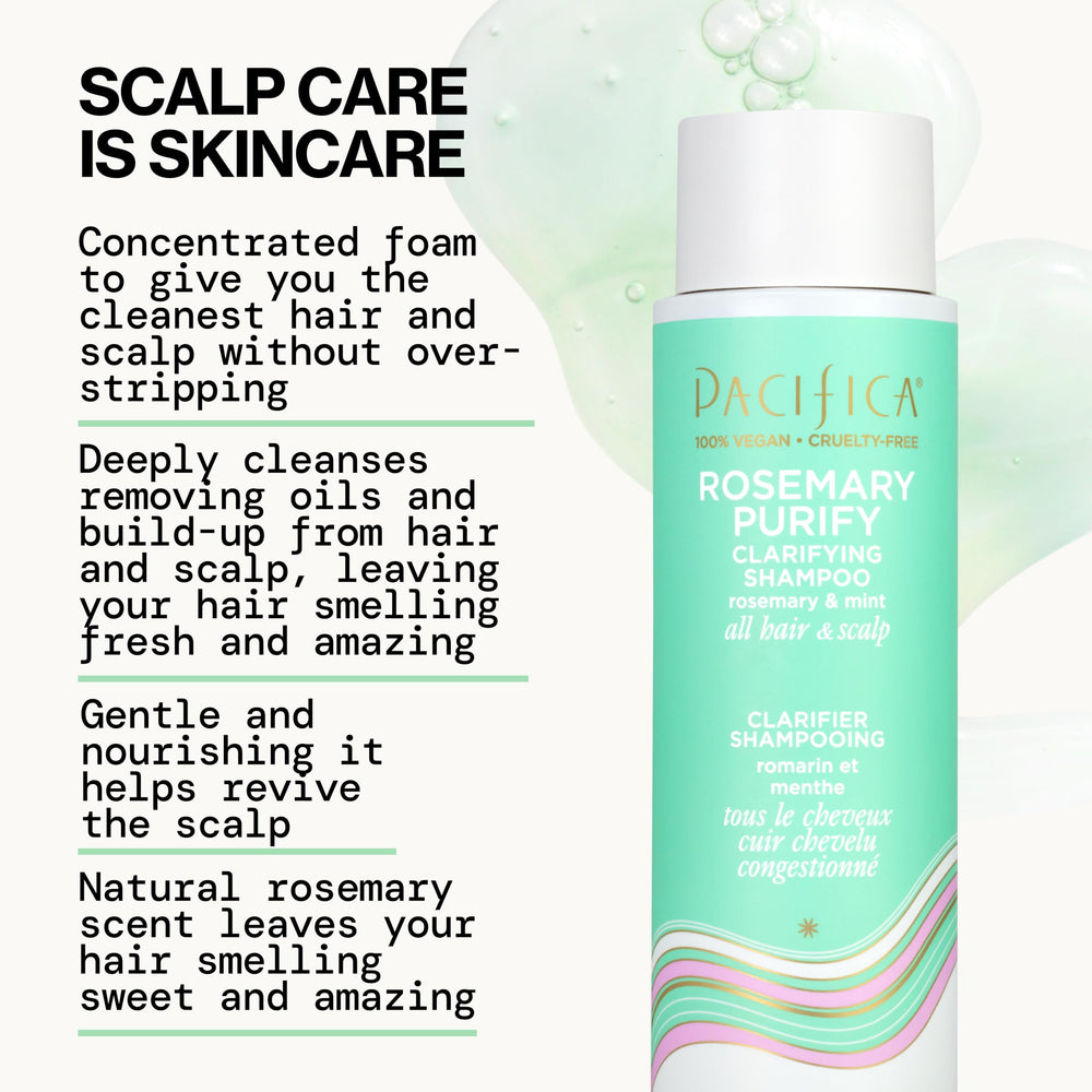Pacifica champú Rosemary Purify, aplicación fácil en la ducha para una experiencia vigorizante.
