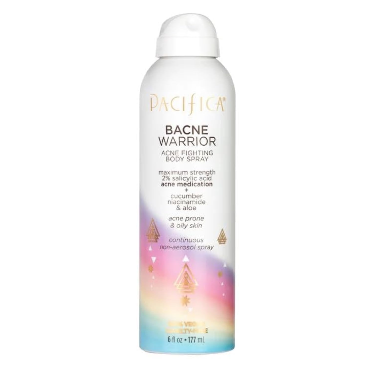 Frasco de spray Pacifica Bacne Warrior para acné corporal suave y eficaz.