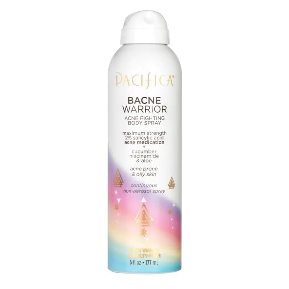 Frasco de spray Pacifica Bacne Warrior para acné corporal suave y eficaz.